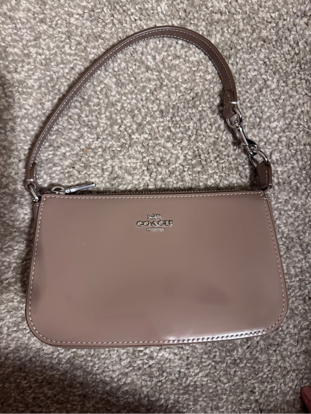 Coach Taupe Nolita 19 Patent Leather Wristlet with Silver Hardware